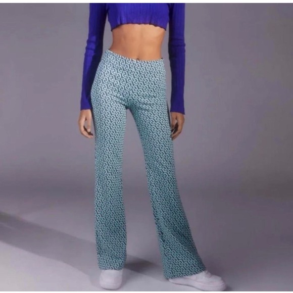 Urban Outfitters Printed Flare Pants Blue Green Patterned Trousers - Picture 1 of 9